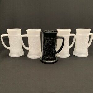 Vintage Federal Glass Company White Milk Glass Steins Cups Tavern Scene Lot of 5